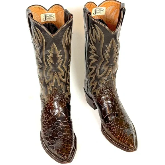 Justin Cowboy Boots - Chocolate Brown Mens Sz 8.5B Excellent Vtg Cond X-toe 9201 - Picture 6 of 12